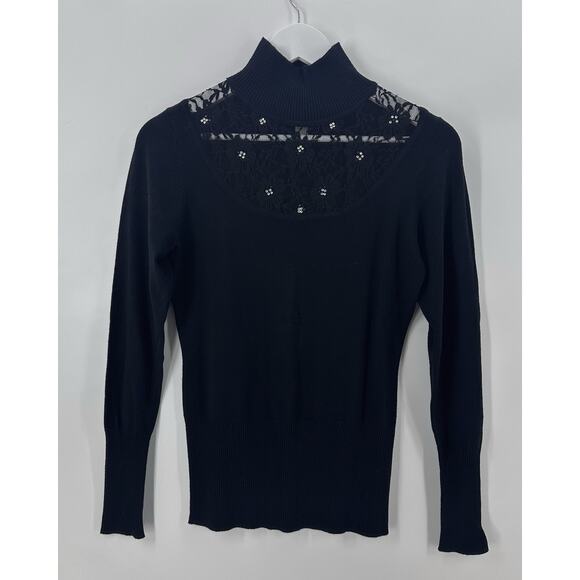 Boston Proper Embellished Sweater Womens M Black Cozy Knit Turtleneck X1033 - Picture 1 of 10